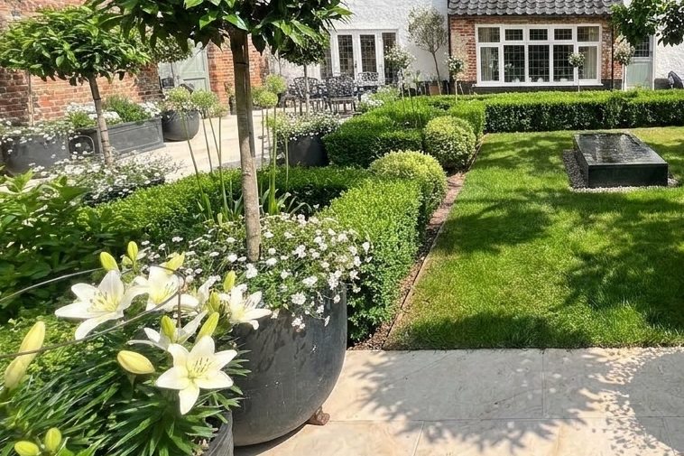 Fresh lawn with planted borders