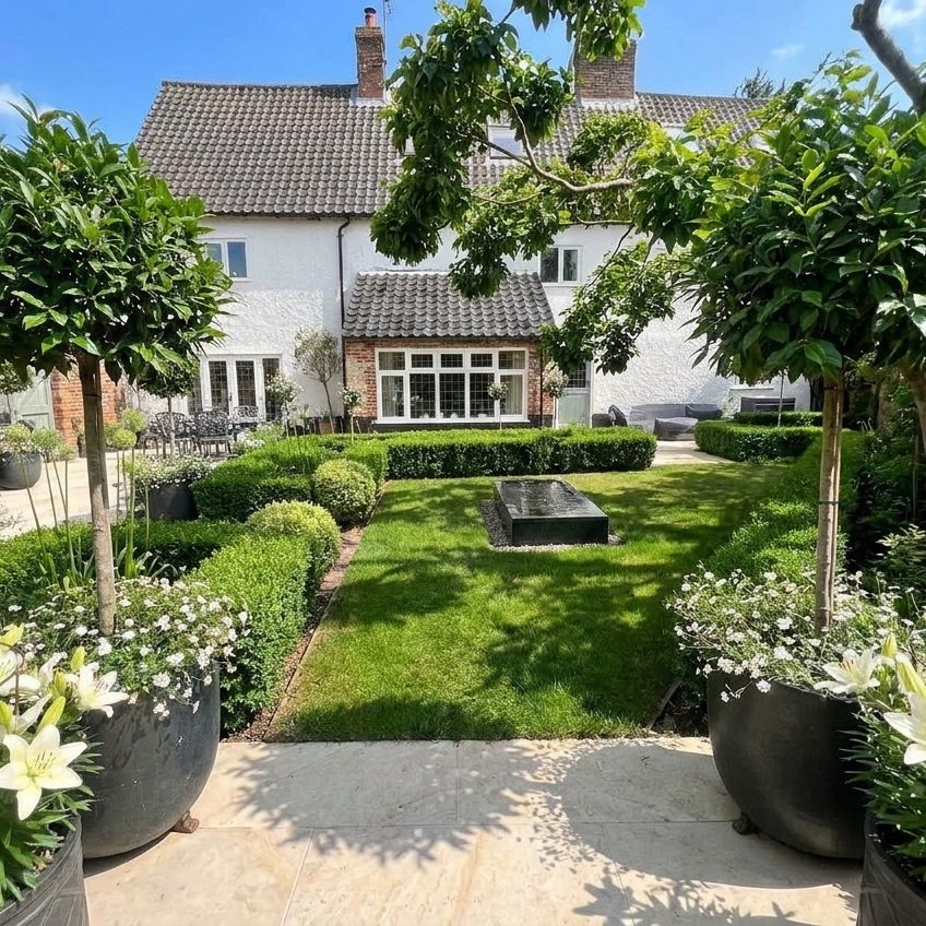 Courtyard garden with pleached trees